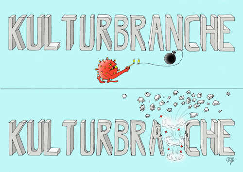 Cartoon: Corona-Kulturbrache (medium) by Erwin Pischel tagged kultur,kulturbranche,branche,kulturbrache,brache,corona,covid,epidemie,pandemie,terror,attentat,bombe,angriff,zündschnur,zünder,flamme,feuer,explosion,zerstörung,splitter,bruchstück,buchstaben,virus,lockdown,shutdown,gesellschaft,kulturpolitik,politik,kulturlandschaft,theater,museum,literatur,konzerte,ballett,oper,kabarett,musik,orchester,kulturangebot,kreativwirtschaftclubszene,galerie,kunstmesse,buchwoche,buchmarkt,filmwirtschaft,kino,kunstmarkt,musical,event,bibliothek,künstler,schließung,aufführung,pischel