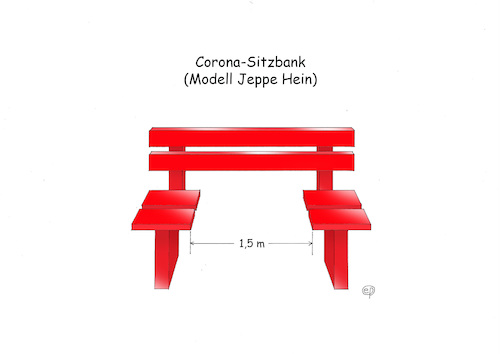 Cartoon: Corona-Sitzbank (medium) by Erwin Pischel tagged corona,virus,infektion,sitzbank,bank,abstand,social,distancing,soziale,distanzierung,distanz,gesundheit,virusinfektion,krankheit,pischel,rot,parkbank,ruhebank,modell,jeppe,hein,kunst,kinetik,bildhauer,white,cube,daenemark