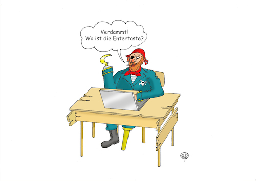 Cartoon: Entertaste (medium) by Erwin Pischel tagged entertaste,entern,computer,laptop,suchen,pirat,augenklappe,kpftuch,totenkopf,piratenlogo,logo,prothese,holzbein,beinprothese,armprothese,halstuch,tisch,piratenüberfall,korsar,modernisierung,update,frage,hilfe,hilfesuche,desorientierung,ahnungslosigkeitpischel