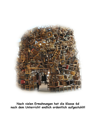 Cartoon: Na endlich! (medium) by Erwin Pischel tagged pischel,installation,kunst,kawamara,schüler,unterricht,chaos,disziplin,stühle