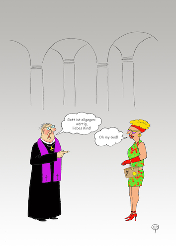 Cartoon: Oh my God! (medium) by Erwin Pischel tagged god,gott,pfarrer,priester,glaube,floskel,gesellschaft,kommunikation,ausruf,film,tv,medienlandschaft,medien,kirche,soziologie,theologie,ethologie,anglizismus,verhalten,sprache,ausdruck,pischel
