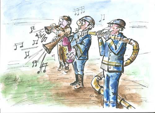 Cartoon: fireman orchestre (medium) by kolle tagged fireman,band,music,guitar,drums
