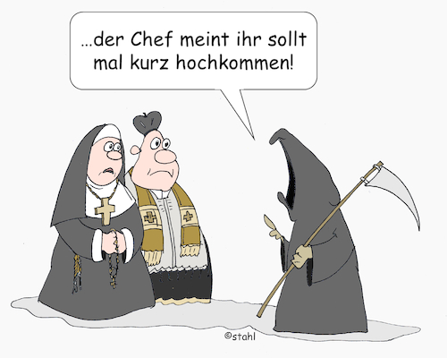 Cartoon: Chef (medium) by wista tagged himmel,hölle,chef,nonne,priester,pfarrer,kirche,leben,tod,sense,sensemann,skelett,grab,sterben,gott,beerdigung,kloster,befehl,gebot,boss