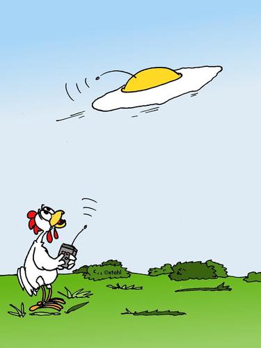Cartoon: Huhn und Ei (medium) by wista tagged huhn,ei,mit,dem,essen,spielen,flugzeug,fernsteuerung,ferngesteuert,spiegelei