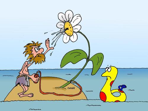 Cartoon: Insel (medium) by wista tagged inselwitz,insel,inselwitze,ginger,kalaschnikow,blume,blumen,pflanzen,wasser,nass,nasspritzen,einsiedler,einsam