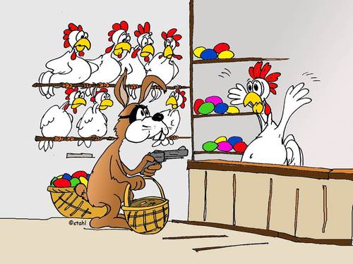 Cartoon: Osterhase (medium) by wista tagged osterhase,ostereier,hühner,eier,farben,überfall,eiersuche,osterei