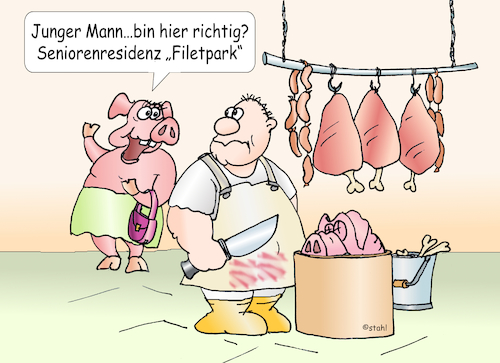 Cartoon: Seniorenstift (medium) by wista tagged seniorenstift,altersheim,senioren,alte,metzger,schweine,wurst,schinken,menschen,fürsorge,metzgerei,schnitzel,filet,demenz,dment,alzheimer,parkinson,abschieben,heim