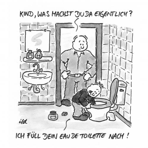 Cartoon: Eau de Toilette (medium) by achecht tagged eau,de,toilette,cologne,parfum,nachfüllen,klo,duftwasser,duft,riechen,eau de toilette,parfüm,duftwasser,duft,klostein,toilettenstein,beckenstein,duftspüle,hygiene,keime,reinigung,duftstein,nachfüllen,nachfüllpack,toilette,klo,wc,wc stein,badezimmer,verwechslung,missverständis,alternative,wohlgeruch,geruch,putzen,kinder,kind,vater,haushalt,bildung,wissen,eau,de,stein