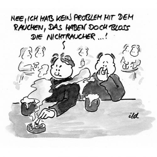 Cartoon: Ich habe kein Problem (medium) by achecht tagged rauchen,raucher,qualm,nichtraucher,stören,nichtraucherschutz,nichtraucherschutzgesetz,verblendung,sucht,süchtig,suchtverhalten,zigarette,zigaretten,belästigung,problem,problembewusstsein,rauchen,raucher,sucht,süchtig,suchtverhalten,zigarette,zigaretten,abhängig,abhängigkeit,droge,gesundheit,nikotin,tabak,genussmittel,nichtraucherschutzgesetz,nichtraucherschutz,nichtraucher,belästigung,probleme,kneipe,bar,rauchverbot,gastronomie