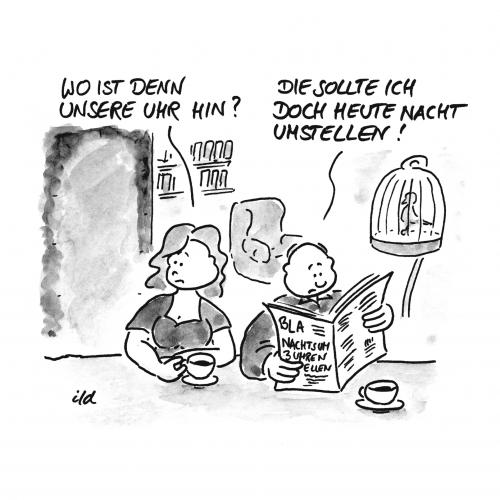 Cartoon: Wo ist denn unsere Uhr? (medium) by achecht tagged zeitumstellung,sommerzeit,winterzeit,uhr,umstellung,zeitumstellung,uhrzeit,uhr,zeit,umstellen,umstellung,sommerzeit,winterzeit,wanduhr,wohnung,wohnen,einrichtung,missverständnis,bildung,wissen