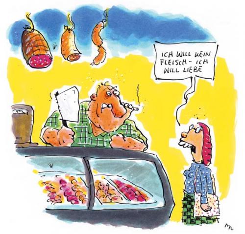 Cartoon: Fleisch (medium) by ari tagged fleisch,desire,liebe,lebensmittel,metzger,fleischerei,eu,wurst,ernährung,gesundheit,essen,schwein,pferd,rind,huhn,lasagne,cartoon,ari,plikat