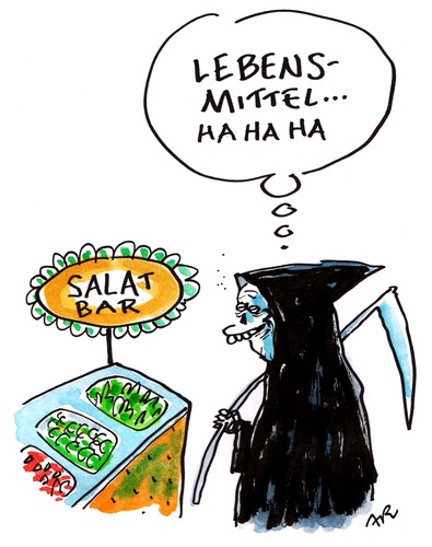 Cartoon: salat (medium) by ari tagged gurke,vegetarisch,tod,sensenmann,bakterien,gemüse,lebensmittel,bar,salat,ehec,fleisch,ernährung
