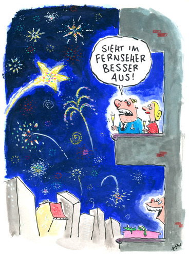 Cartoon: silvester (medium) by ari tagged feuerwerk,balkon,frau,mann,fernseher,tv,party,neujahr,silvester,jahresende,plikat