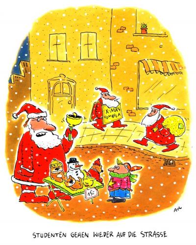 Cartoon: Studenten (medium) by ari tagged winter,xmas,weihnachten,student,nikolaus,weihnachtsmann,schnee,plikat,job,nebenjob,arbeit