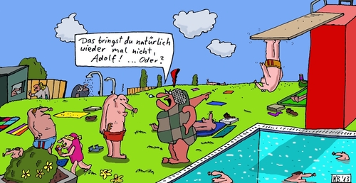 Cartoon: Adolf (medium) by Leichnam tagged adolf,sommer,sonne,freizeit,freibad,schwimmen,hitze,kopfunter,drei,meter,nichtsbringer,kaputte,ehe