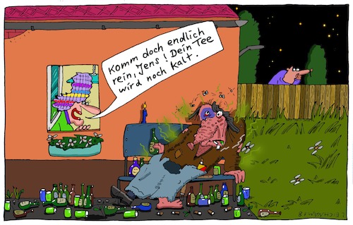 Cartoon: Am Haus (medium) by Leichnam tagged haus,vorgarten,trinker,säufer,alk,leichnam,leichnamcartoon,tee,ehe,gattin,volltrunken,ekelhaft
