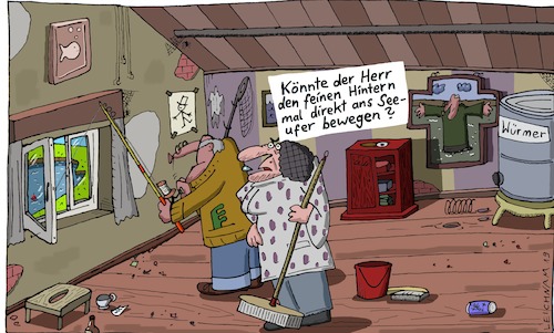 Cartoon: Anfrage (medium) by Leichnam tagged anfrage,angler,seeufer,fenster,herr,ehefrau,hintern,bewegung,erzürnt,würmer,hobby,leichnam,leichnamcartoon