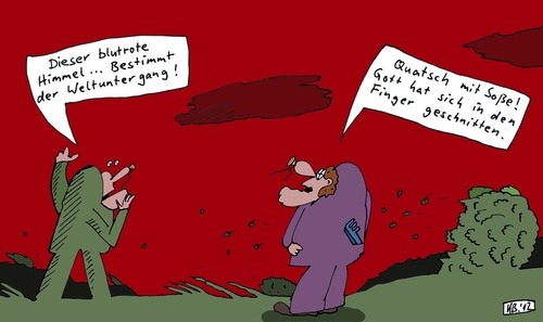 Cartoon: Angst (medium) by Leichnam tagged angst,endzeit,gott,weltuntergang,blutrot,finger,geschnitten,furcht,unbilden
