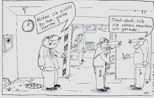 Cartoon: Arbeitswelt (medium) by Leichnam tagged arbeitswelt,chef,boss,anschnauzer,zigaretten,rauchpause,arbeiter,worker,malocher