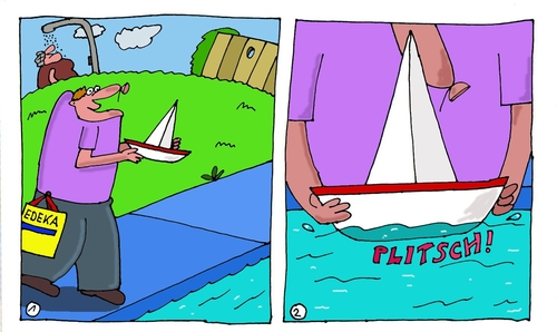 Cartoon: Aufs Wasser (medium) by Leichnam tagged segelboot,spielzeug,kleine,männchen,schütt,raschel