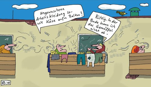 Cartoon: Balkonplauderei (medium) by Leichnam tagged balkon,plaudern,plauderei,arbeitskleidung,käse,stinkekäse,bude,gemüffel,gestank,nachbarn,leichnam