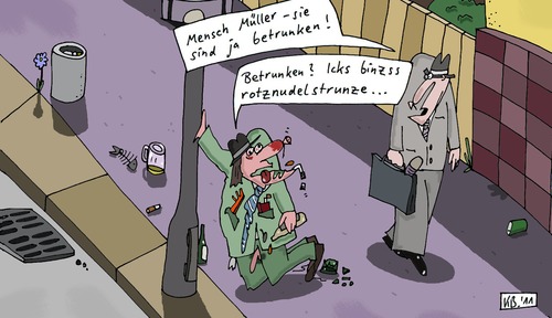 Cartoon: Begegnung (medium) by Leichnam tagged verwunderung,entsetzen,rotznudelstrunze,alkohol,saufen,betrunken,leichnam,müller,begegnung
