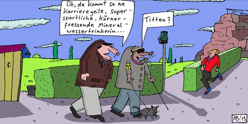 Cartoon: Begegnung (medium) by Leichnam tagged begegnung,mineralwasser,supersportlich,körner,gesundheit,fitness,blinder,titten