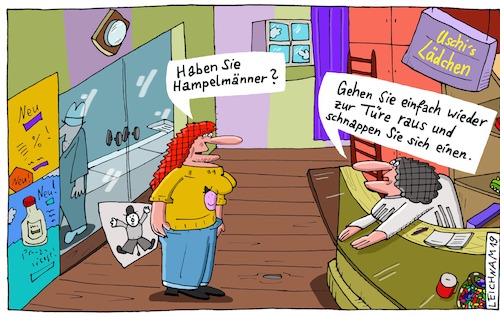 Cartoon: Bei Uschi (medium) by Leichnam tagged uschi,laden,lädchen,verkauf,inhaberin,hampelmänner,türe,schnappen,leichnam,leichnamcartoon
