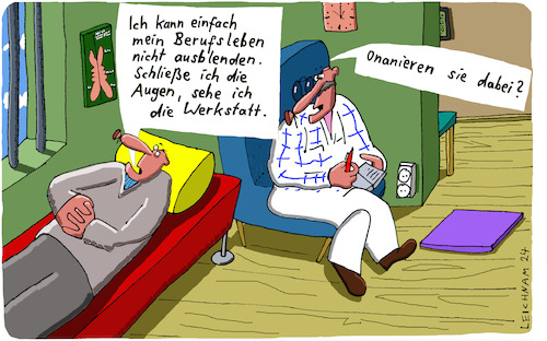 Cartoon: Beim Seelenklempner (medium) by Leichnam tagged psychiater,seelenklempner,doktor,psyche,psychologie,arbeitsleben,werkstatt,onanie,leichnam,leichnamcartoon