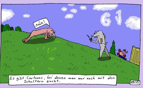 Cartoon: Bergwiese (medium) by Leichnam tagged bergwiese,schultern,zucken,cartoons,mäh,schaf,tiere,menschen,hahnenkamm,getreide,gras,himmel,wolken