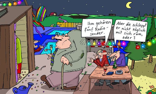 Cartoon: Besitzer (medium) by Leichnam tagged besitzer,radiosender,nacht,mond,feier,fest,schleppen,schwer,umtrunk