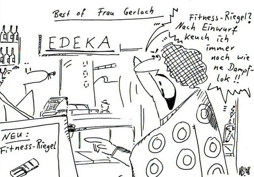 Cartoon: Best of Frau Gerlach (medium) by Leichnam tagged gerlach,frau,leichnam,fitnessriegel,schokolade,edeka,verkauf,kassierer,laden,markt,empörung