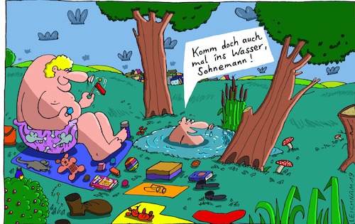 Cartoon: Der Papi (medium) by Leichnam tagged papi,wasserloch,baden,erholung,riesenbaby,sohn,sohnemann,leichnam,leichnamcartoon