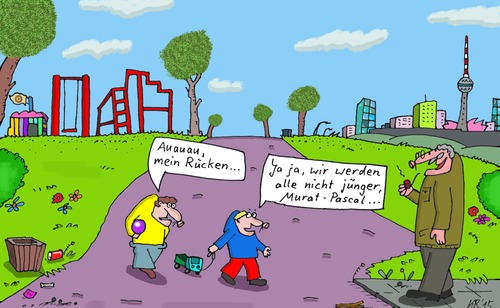 Cartoon: die Kleinen (medium) by Leichnam tagged die,kleinen,spielplatz,spielzeug,jung,jünger,altklug,rückenschmerzen,aua,murat,pascal,tut,weh