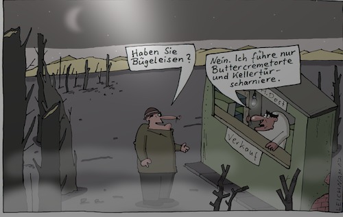 Cartoon: Ebene (medium) by Leichnam tagged ebene,bügeleisen,buttercremetorte,kellertürscharniere,verkauf,dost,verkäufer,geschäft,verkaufsstand,düsternis,verlorenheit,nebel,leichnamcartoon