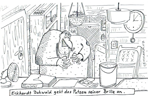 Cartoon: Eckhardt (medium) by Leichnam tagged eckhardt,dohwald,putzen,brille,wassereimer,microfaser,ventilator,handtuch,zittrig,reinigung