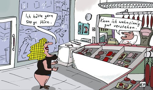 Cartoon: Fleischer (medium) by Leichnam tagged fleischer,fachgeschäft,blondine,hirn,versteher,verkäufer