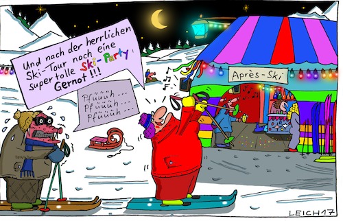 Cartoon: Gernooot! (medium) by Leichnam tagged gernot,party,nacht,mond,lichterkette,leichnamcartoon,winter,tour,ski,schneeschuh,pfüüüh