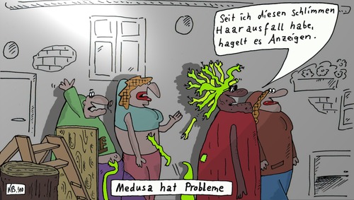 Cartoon: Haarausfall (medium) by Leichnam tagged haarausfall,haare,medusa,leichnam,stoßseufzer,probleme,polizei,anzeige,hagel,beschwerden