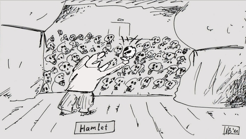 Cartoon: Hamlet (medium) by Leichnam tagged hamlet,theater,vorstellung,vorführung,leichnam,klassik,schädel,sein,nichtsein,frage