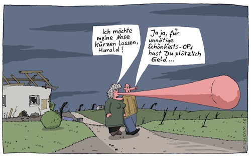 Cartoon: Harald (medium) by Leichnam tagged harald,nase,langnase,kürzen,kürzung,unnötig,ehe,schönheitsoperation,geld,plötzlich,leichnam,leichnamcartoon