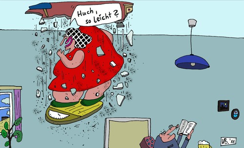 Cartoon: Huch - so leicht? (medium) by Leichnam tagged huch,leicht,waage,durchbruch,decke,erschrocken,dick,fett,leichnam,wohnung