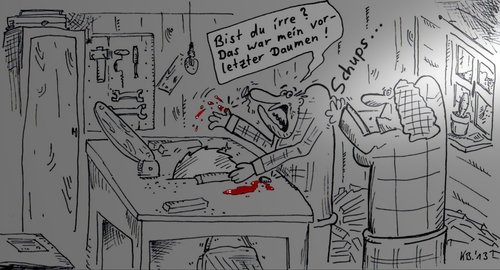 Cartoon: Im Schuppen (medium) by Leichnam tagged im,schuppen,holz,sägen,kreissäge,daumen,ab,verletzung,blut,finger,schups,ehefrau