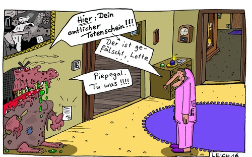 Cartoon: im Wohnzimmer (medium) by Leichnam tagged im,wohnzimmer,schabracke,totenschein,amtlich,gefälscht,fake,piepegal,tu,was,gattin,ehe,hochzeitsbild