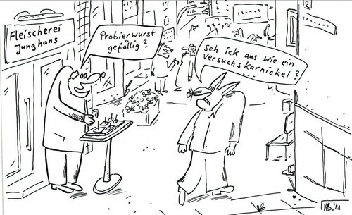 Cartoon: Junghans (medium) by Leichnam tagged junghans,fleischerei,probierwurst,gefälligkeit,versuchskaninchen,fußgängerpassage,leichnam,einkaufszentrum,stadt,straße