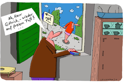 Cartoon: JVA (medium) by Leichnam tagged jva,gittrich,fenster,gefängnis,frei,fuß,leichnam,leichnamcartoon