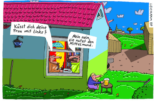 Cartoon: Küsserei (medium) by Leichnam tagged küsserei,frau,gattin,links,mittelmund,nein,haus,leichnam,frage,leichnamcartoon
