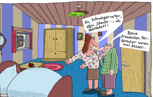 Cartoon: Leicht verärgert (medium) by Leichnam tagged verärgert,sterbebett,gästebett,schwiegervater,schwiegertochter,schlafzimmer,gästezimmer,versprecher,freud,leichnam,leichnamcartoon