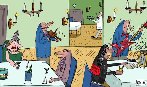 Cartoon: Musik (medium) by Leichnam tagged musik,tischmusik,restaurant,speise,trank,gitarre,geige,violine,instrumente,gäste,vornehm,heavy,metal,musiker