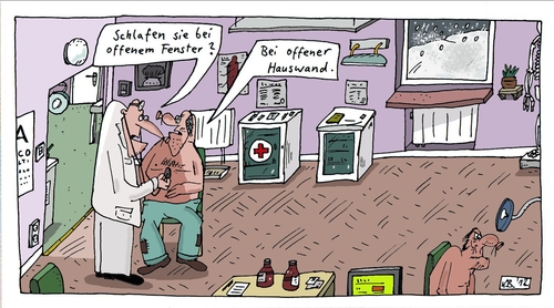 Cartoon: nachgefragt (medium) by Leichnam tagged nachgefragt,offenes,fenster,winter,arztpraxis,kälte,infekt,grippe,hartz,rotes,kreuz